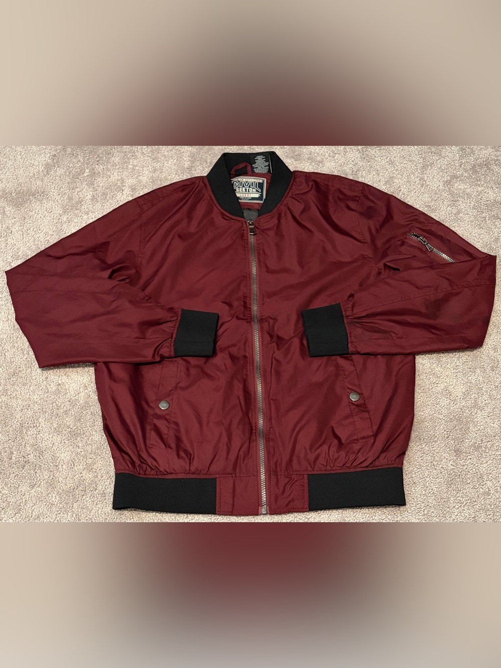 Civil Sektor Men’s Burgundy Bomber Jacket Size Large Full Zip Band Collar